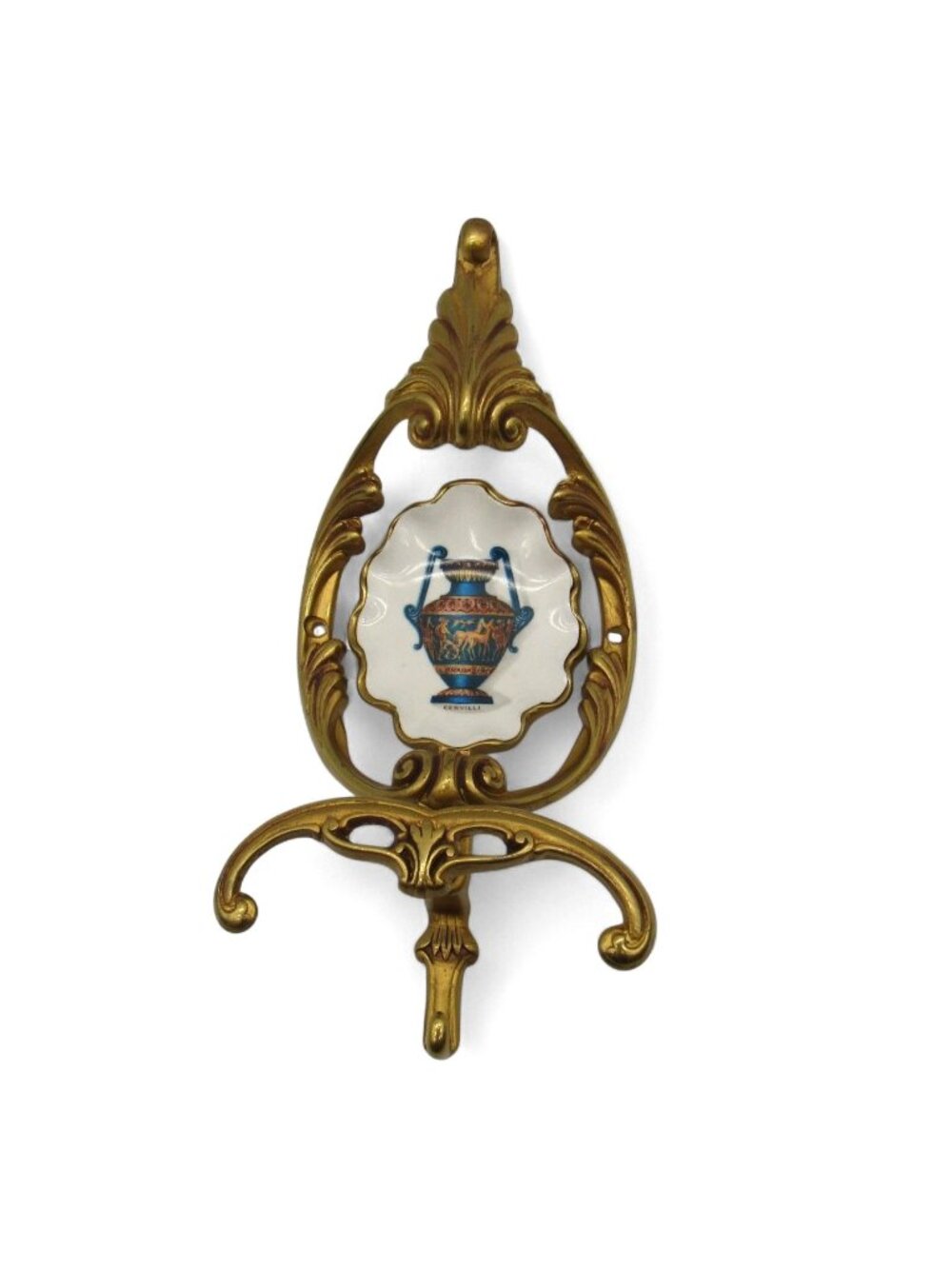 Metal Coat Hanger Wall Hook with Greek Vase Art Italian Vintage 9"